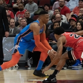 Bulls vs. Thunder - Russell Westbrook catching the low pass.